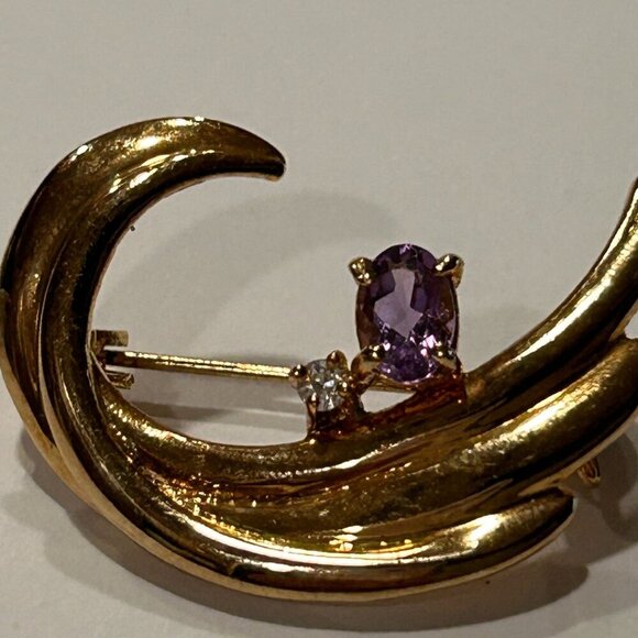 Purple Amethyst Diamond Swirl Brooch Gold Tone Vintage Signed Korea Mid Century - Picture 2 of 8
